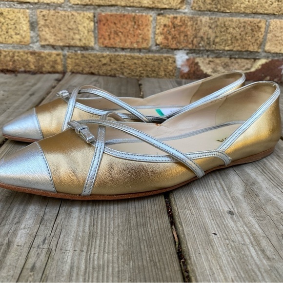 Prada Gold/Silver Leather Toe Pointed Toe Ballet Flats Size 6 - Picture 2 of 14
